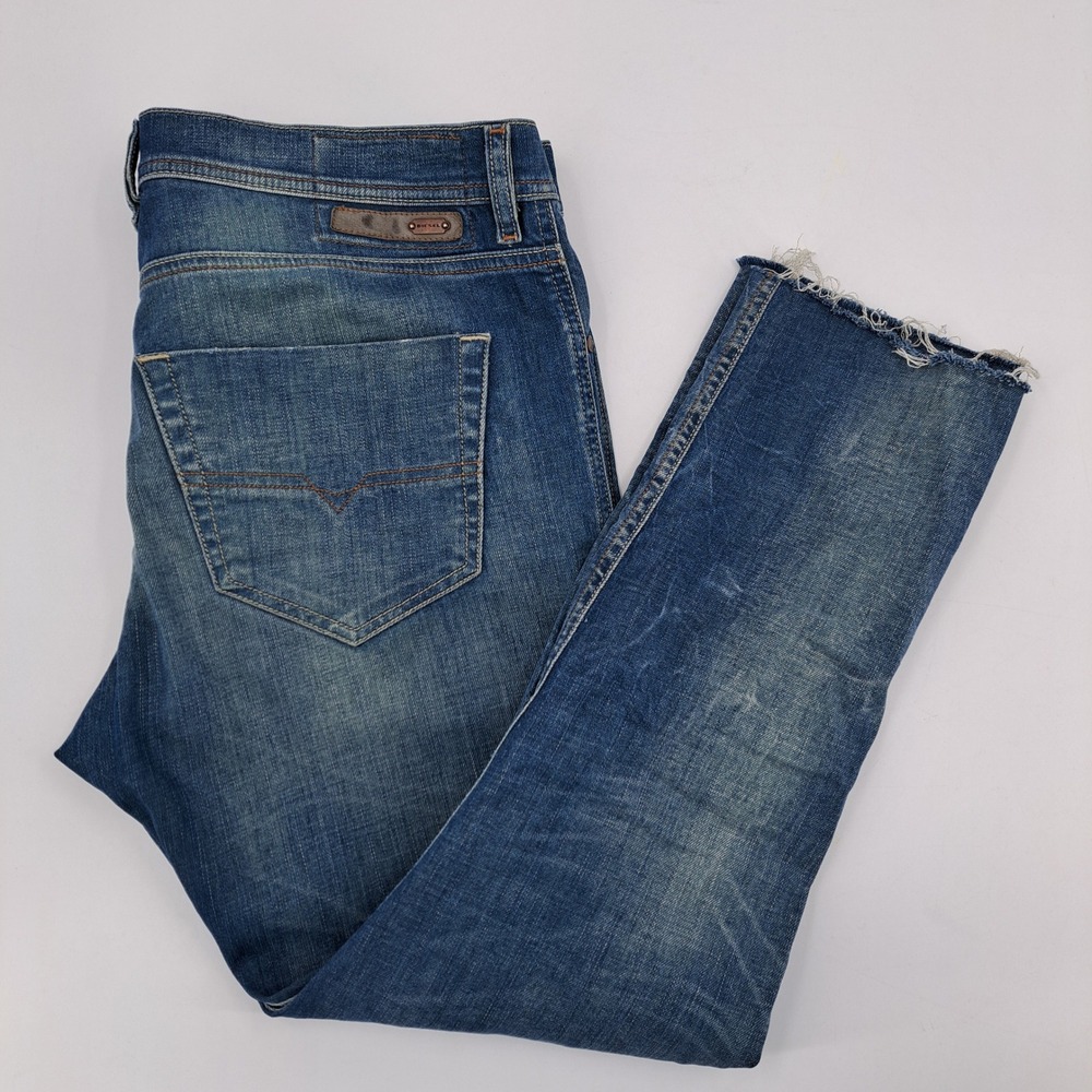 Diesel Tepphar Slim-Carrot Jeans Mens 34 Cotton Blend Blue Solid Raw Hem Stretch